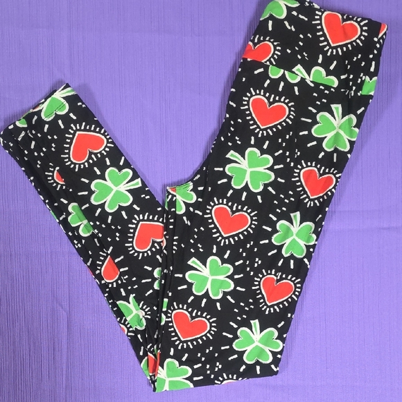LuLaRoe Pants - LuLaRoe Black, Green Clover, And Red Heart Leggings